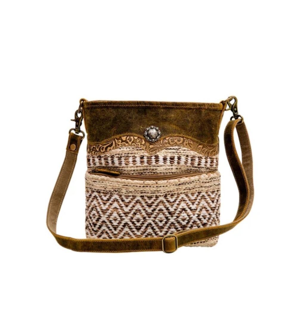 NWT Women's Western Woven Canvas and Leather Hispad Crossbody Bag